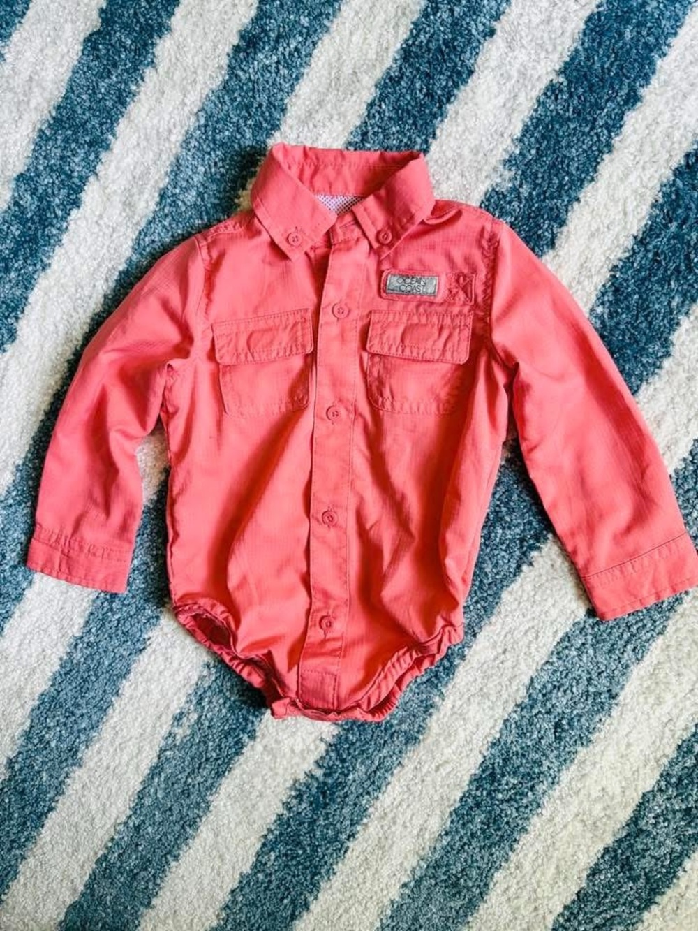 12mo Coral Button-Up Long Sleeve Baby Bodysuit